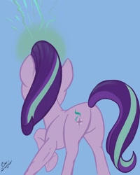 Size: 1024x1280 | Tagged: safe, artist:chrissawyer, imported from derpibooru, starlight glimmer, pony, unicorn, blue background, butt, cute, facing away, female, glimmerbetes, magic, magic aura, mare, plot, rear view, simple background, solo