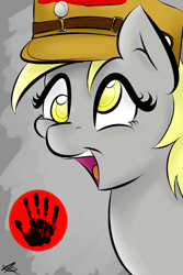 Size: 800x1200 | Tagged: safe, imported from derpibooru, derpy hooves, pegasus, pony, /mlp/, 4chan, black hand, blonde, clothes, cross-eyed, female, hand, hat, manos, manos the hands of fate, nazi, photo, propaganda, solo, uniform