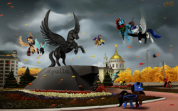 Size: 1024x640 | Tagged: safe, artist:das_leben, imported from derpibooru, oc, oc only, alicorn, horse, alicorn oc, building, clothes, female, flying, male, mare, open mouth, raised hoof, scenery, stallion, statue, town