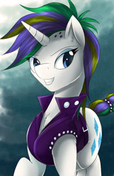 Size: 3300x5100 | Tagged: safe, artist:spiritofthwwolf, imported from derpibooru, rarity, pony, unicorn, it isn't the mane thing about you, alternate hairstyle, clothes, female, grin, mare, punk, raripunk, smiling, solo