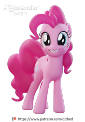 Size: 1524x2160 | Tagged: safe, alternate version, artist:therealdjthed, imported from derpibooru, pinkie pie, earth pony, pony, 3d, 3d model, blender, blender cycles, cycles, cycles render, female, mare, model:djthed, patreon, patreon logo, simple background, smiling, solo, transparent background