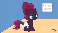 Size: 2564x1446 | Tagged: safe, artist:thunderdasher07, imported from derpibooru, fizzlepop berrytwist, tempest shadow, my little pony: the movie, diaper, female, filly, filly tempest shadow, foal, sad, solo, time out, younger