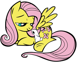 Size: 614x494 | Tagged: safe, artist:lauren faust, artist:princesseninka, imported from derpibooru, fluttershy, pegasus, pony, rabbit, female, looking at something, prone, simple background, smiling, solo, spread wings, transparent background, wings