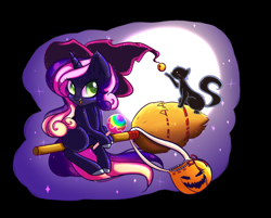 Size: 898x722 | Tagged: safe, artist:miniaru, imported from derpibooru, oc, oc only, cat, pony, unicorn, apple, broom, candy apple (food), female, flying, flying broomstick, food, full moon, halloween, hat, holiday, mare, moon, pumpkin bucket, stars, witch hat