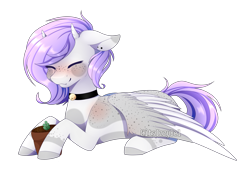 Size: 2802x1896 | Tagged: safe, artist:itsizzybel, imported from derpibooru, oc, oc only, oc:mayumi, pegasus, pony, bell, bell collar, choker, collar, digital art, eyes closed, female, flower pot, horns, mare, plant pot, prone, simple background, solo, transparent background