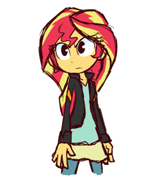 Size: 964x1017 | Tagged: safe, artist:lilboulder, imported from derpibooru, sunset shimmer, equestria girls, clothes, colored sketch, female, jacket, simple background, solo, white background