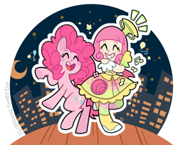 Size: 1000x811 | Tagged: safe, artist:egophiliac, imported from derpibooru, pinkie pie, earth pony, pony, crossover, dancing, duo, female, kamen rider, kamen rider ex-aid, moon, music notes, poppy pipopapo, skyline