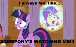 Size: 603x375 | Tagged: safe, edit, edited screencap, imported from derpibooru, screencap, sunny side, twilight sparkle, alicorn, once upon a zeppelin, image macro, meme, rockwell, somebody's watching me, song reference, twilight sparkle (alicorn)