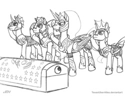 Size: 937x720 | Tagged: safe, artist:texasuberalles, imported from derpibooru, princess luna, alicorn, bat pony, bat pony unicorn, earth pony, hybrid, pony, unicorn, wingless bat pony, armor, coffin, curved horn, equestrian flag, female, flag, funeral, male, mare, night guard, pencil drawing, salute, simple background, sketch, stallion, traditional art, white background