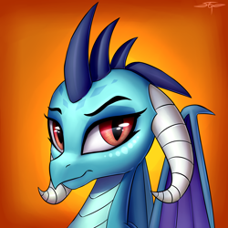 Size: 3000x3000 | Tagged: safe, artist:setharu, imported from derpibooru, princess ember, dragon, bust, curved horn, dragon lord ember, dragoness, female, grumpy, looking away, signature, solo