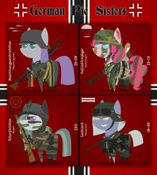 Size: 4600x5120 | Tagged: safe, artist:facelesssoles, imported from derpibooru, limestone pie, marble pie, maud pie, pinkie pie, earth pony, pony, absurd resolution, ammunition belt, balkenkreuz, binoculars, blackletter, blood, camouflage, clothes, coat, face paint, fallschirmjäger, fascism, female, fg42, german, gewehr 43, grenade, grin, gun, helmet, machine gun, mare, mg42, military uniform, mp40, nazi, panzerfaust, pie sisters, pointy ponies, racism, recoilless rifle, rifle, siblings, sisters, smiling, sniper, stahlhelm, stielhandgranate, submachinegun, weapon, world war ii