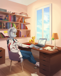 Size: 1000x1253 | Tagged: safe, artist:margony, imported from derpibooru, applejack, oc, anthro, unguligrade anthro, anthro oc, book, bookshelf, chair, clothes, commission, computer, desk, laptop computer, male, pants, room, sitting, smiling, solo, sweater, window