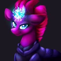 Size: 1774x1774 | Tagged: safe, artist:felicitydraws, imported from derpibooru, tempest shadow, pony, unicorn, my little pony: the movie, black background, broken horn, eye scar, female, magic, scar, simple background, smiling, solo, sparking horn