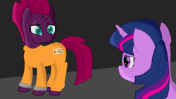 Size: 3840x2160 | Tagged: safe, artist:vogon42, imported from derpibooru, tempest shadow, twilight sparkle, my little pony: the movie, clothes, prison outfit, prisoner