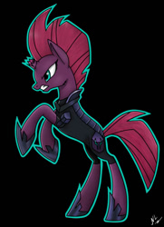 Size: 696x959 | Tagged: safe, artist:nightmarelight243, imported from derpibooru, tempest shadow, pony, unicorn, my little pony: the movie, armor, black background, broken horn, cheek fluff, concave belly, female, gritted teeth, hoof shoes, horn, mare, princess shoes, rearing, signature, simple background, slim, teeth, thin