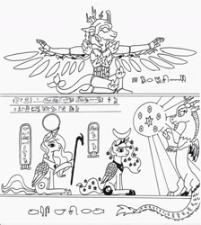 Size: 1651x1843 | Tagged: safe, artist:kuroneko, derpibooru exclusive, imported from derpibooru, discord, princess celestia, princess luna, oc, oc:harmony (kuroneko), alicorn, pony, egyptian, elements of harmony, hieroglyphics, hieroglyphs, monochrome, moon, sun, traditional art, wings