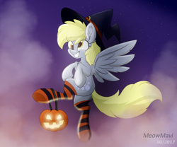 Size: 6000x5000 | Tagged: safe, artist:meowmavi, imported from derpibooru, derpy hooves, pegasus, pony, absurd resolution, clothes, cloud, female, flying, halloween, hat, holiday, jack-o-lantern, mare, pumpkin, sky, socks, solo, stockings, striped socks, thigh highs, witch hat