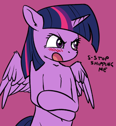 Size: 900x973 | Tagged: safe, artist:replacer808, imported from derpibooru, twilight sparkle, alicorn, semi-anthro, blushing, crossed arms, dialogue, female, flat colors, floppy ears, implied shipping, open mouth, red background, simple background, solo, twilight sparkle (alicorn)