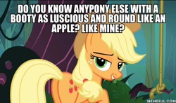 Size: 600x353 | Tagged: safe, edit, edited screencap, imported from derpibooru, screencap, applejack, earth pony, pony, spike at your service, butt, female, image macro, mare, meme, memeful.com, plot, total drama, total drama island