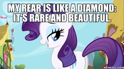 Size: 600x337 | Tagged: safe, edit, edited screencap, imported from derpibooru, screencap, rarity, the ticket master, butt, image macro, meme, memeful.com, plot