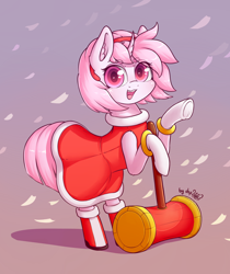 Size: 1408x1680 | Tagged: safe, artist:dsp2003, imported from derpibooru, oc, oc only, oc:sakuragi-san, pony, unicorn, amy rose, blushing, clothes, cosplay, costume, crossover, cute, dress, female, flower petals, gloves, looking at you, mare, ocbetes, solo, sonic the hedgehog (series), weapon