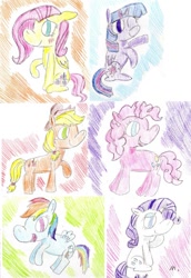 Size: 645x938 | Tagged: safe, artist:ptitemouette, imported from derpibooru, applejack, fluttershy, pinkie pie, rainbow dash, rarity, twilight sparkle, alicorn, mane six, traditional art, twilight sparkle (alicorn)