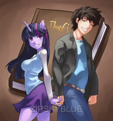 Size: 2700x2900 | Tagged: safe, artist:zipskyblue, imported from derpibooru, twilight sparkle, oc, anthro, human, adorkable, book, canon x oc, clothes, commission, cute, dork, eared humanization, female, holding hands, horned humanization, humanized, looking at you, male, skirt, smiling, straight, watermark