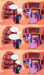 Size: 1280x2168 | Tagged: safe, artist:hakunohamikage, imported from derpibooru, twilight sparkle, oc, oc:nyx, alicorn, pony, ask-princesssparkle, alicorn oc, ask, comic, female, filly, golden oaks library, mare, sad, tumblr, twilight sparkle (alicorn)