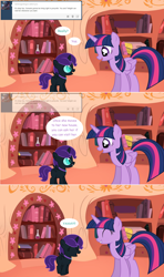 Size: 1280x2168 | Tagged: safe, artist:hakunohamikage, imported from derpibooru, twilight sparkle, oc, oc:nyx, alicorn, pony, ask-princesssparkle, alicorn oc, ask, comic, eyes closed, female, filly, golden oaks library, happy, hopping, mare, tumblr, twilight sparkle (alicorn)