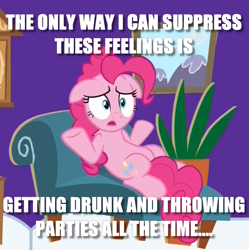 Size: 665x668 | Tagged: safe, imported from derpibooru, pinkie pie, female, floppy ears, image macro, meme, shrug, solo, talking, therapy