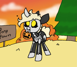 Size: 699x610 | Tagged: safe, alternate version, artist:nootaz, imported from derpibooru, oc, oc only, oc:nootaz, clothes, costume, mouth hold, pumpkin bucket, skeleton costume, solo