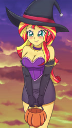 Size: 2287x4093 | Tagged: safe, artist:sumin6301, imported from derpibooru, sunset shimmer, equestria girls, absurd resolution, adorasexy, blushing, breasts, busty sunset shimmer, cleavage, clothes, cloud, cloudy, costume, cute, evening gloves, eyeshadow, female, food, gloves, halloween, hat, holiday, long gloves, makeup, pumpkin bucket, sexy, shimmerbetes, sky, smiling, solo, strapless, witch, witch hat