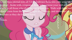 Size: 1136x640 | Tagged: safe, edit, edited screencap, imported from derpibooru, screencap, pinkie pie, sunset shimmer, equestria girls, canterlot high, eyes closed, pinkie pie praying, prayer, text