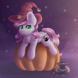 Size: 2000x2000 | Tagged: safe, artist:spirit-dude, imported from derpibooru, oc, oc only, pegasus, pony, commission, cute, female, halloween, hat, holiday, looking at you, mare, ocbetes, pumpkin, smiling, witch hat, ych result