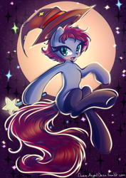 Size: 1700x2404 | Tagged: safe, artist:chaosangeldesu, imported from derpibooru, oc, oc only, earth pony, pony, clothes, commission, female, full moon, halloween, hat, holiday, mare, moon, smiling, solo, stockings, thigh highs, witch hat, ych result