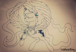 Size: 1024x693 | Tagged: safe, artist:lilapudelpony, imported from derpibooru, princess luna, alicorn, female, inktober, lineart, solo, traditional art