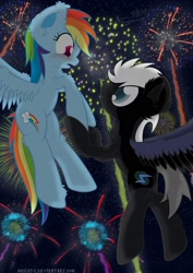 Size: 1240x1754 | Tagged: safe, artist:megatj, imported from derpibooru, rainbow dash, oc, oc:rain cloud, blushing, canon x oc, female, fireworks, fluffy, male, shipping, straight