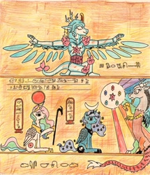 Size: 1631x1893 | Tagged: safe, artist:kuroneko, derpibooru exclusive, imported from derpibooru, discord, princess celestia, princess luna, oc, oc:harmony (kuroneko), alicorn, pony, colored pencil drawing, egyptian, elements of harmony, hieroglyphics, hieroglyphs, moon, name translation, rainbow, style emulation, sun, traditional art, wings