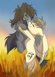 Size: 1280x1779 | Tagged: safe, artist:kejifox, artist:sergkz, imported from derpibooru, oc, oc only, oc:kate, oc:kej, pegasus, pony, unicorn, bipedal, chest fluff, couple, cute, duo, explicit source, eyes closed, female, field, happy, holding a pony, k+k, male, mare, ocbetes, smiling, stallion, straight