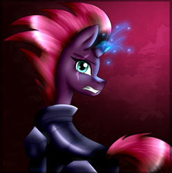 Size: 1585x1591 | Tagged: safe, artist:lada03, imported from derpibooru, tempest shadow, pony, unicorn, my little pony: the movie, armor, broken horn, eye scar, female, horn, looking at you, looking back, mare, scar, solo, sparking horn