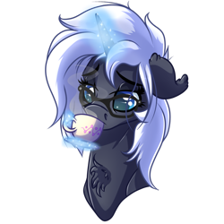 Size: 1024x1024 | Tagged: safe, artist:witchtaunter, imported from derpibooru, oc, oc only, oc:yaasho, pony, unicorn, bust, chest fluff, cup, female, glasses, glowing horn, magic, mare, portrait, simple background, solo, telekinesis, tired, transparent background