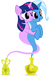 Size: 352x542 | Tagged: safe, artist:navitaserussirus, imported from derpibooru, trixie, twilight sparkle, genie, asktwixiegenies, cropped, female, geniefied, lesbian, shipping, simple background, species swap, twixie, white background