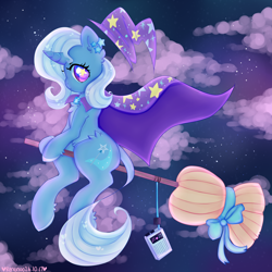 Size: 5000x5000 | Tagged: safe, artist:bunxl, imported from derpibooru, trixie, pony, unicorn, absurd resolution, bow, broom, cape, chest fluff, clothes, cloud, colored hooves, cute, diatrixes, ear fluff, female, flying, flying broomstick, hat, kiki's delivery service, leg fluff, mare, night, solo, trixie's cape, trixie's hat, witch