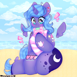 Size: 4000x4000 | Tagged: safe, artist:bunxl, imported from derpibooru, princess luna, alicorn, anthro, beach, blue sky, clothes, cloud, cute, ear piercing, earring, female, jewelry, lunabetes, mare, one-piece swimsuit, piercing, sand, smiling, solo, swimsuit