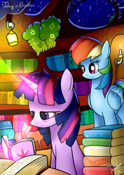 Size: 2480x3507 | Tagged: safe, artist:twidasher, imported from derpibooru, rainbow dash, twilight sparkle, pegasus, pony, unicorn, book, cute, dashabetes, duo, female, golden oaks library, lesbian, mare, multicolored hair, shipping, tired, twiabetes, twidash, unicorn twilight