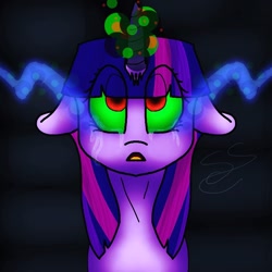 Size: 768x768 | Tagged: safe, artist:fireworkarsonist, imported from derpibooru, twilight sparkle, pony, unicorn, corrupted, corrupted twilight sparkle, crying, dark magic, female, floppy ears, magic, mare, solo, sombra eyes, unicorn twilight