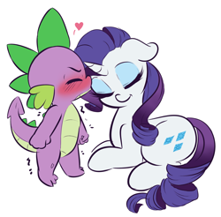 Size: 3857x3802 | Tagged: safe, artist:wickedsilly, imported from derpibooru, rarity, spike, dragon, pony, unicorn, baby, baby dragon, blushing, clenched fist, cute, cutie mark, eyelashes, eyeliner, eyes closed, female, floppy ears, heart, kissing, makeup, male, mare, prone, raribetes, shaking, shipping, simple background, smiling, sparity, spikabetes, spikelove, straight, white background