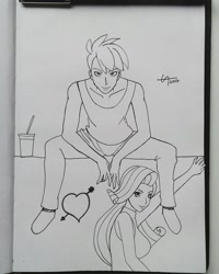 Size: 1440x1800 | Tagged: safe, artist:draftkid, imported from derpibooru, rarity, spike, human, breasts, female, heart, humanized, inktober, lineart, looking at you, male, shipping, sparity, straight, traditional art