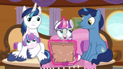 Size: 1280x720 | Tagged: safe, imported from derpibooru, screencap, night light, princess flurry heart, shining armor, twilight velvet, alicorn, pony, unicorn, once upon a zeppelin, awkward, baby, baby pony, contract, couch, cutie mark, embarrassed, father and daughter, female, fine print, glowing horn, horn, husband and wife, levitation, magic, magic aura, male, mare, mistake, mother and son, nervous grin, oops, stallion, telekinesis, unshorn fetlocks, vacation, zeppelin