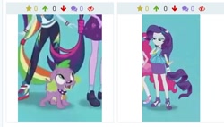 Size: 826x468 | Tagged: safe, edit, imported from derpibooru, screencap, rainbow dash, rarity, sci-twi, spike, spike the regular dog, twilight sparkle, dog, derpibooru, equestria girls, equestria girls series, converse, geode of shielding, juxtaposition, magical geodes, meta, rarity peplum dress, shoes, smiling
